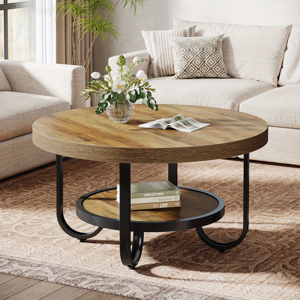 Eleganter runder Couchtisch mit Ablage – Gebogener Stahlrahmen – Ø80 cm