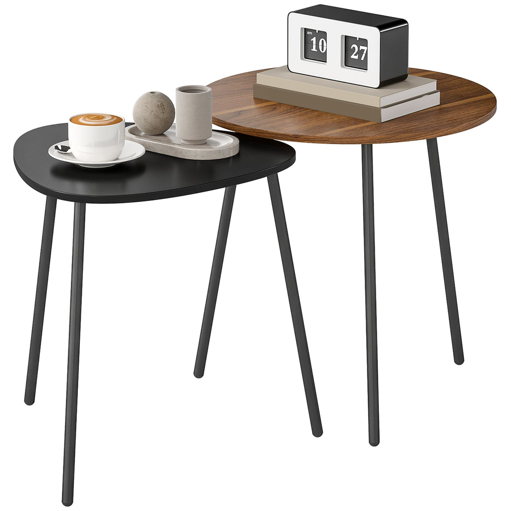 Elegantes Set mit 2 Satztischen in Walnussoptik und Schwarz – Runder & Dreieckiger Couchtisch im Modernen Design