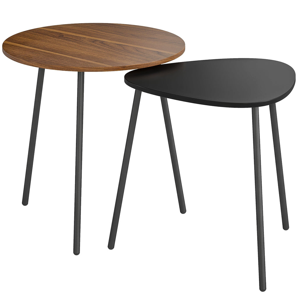 Elegantes Set mit 2 Satztischen in Walnussoptik und Schwarz – Runder & Dreieckiger Couchtisch im Modernen Design