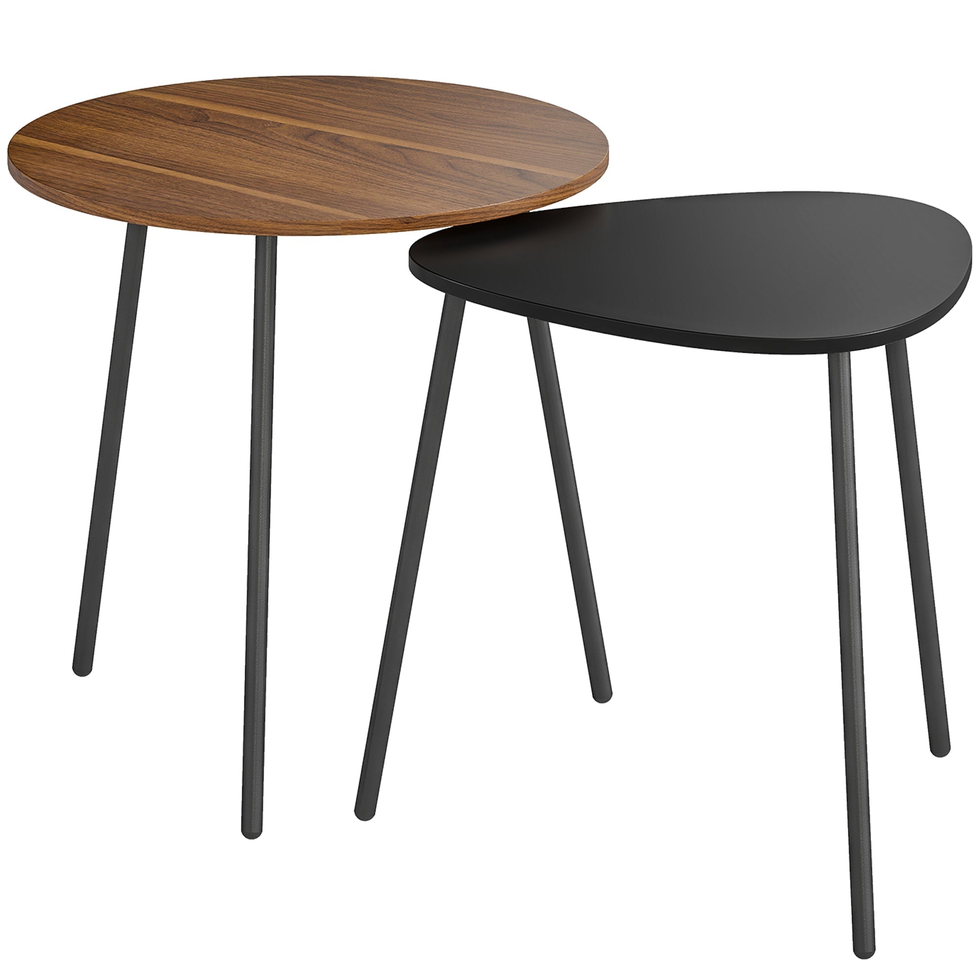 Elegantes Set mit 2 Satztischen in Walnussoptik und Schwarz – Runder & Dreieckiger Couchtisch im Modernen Design