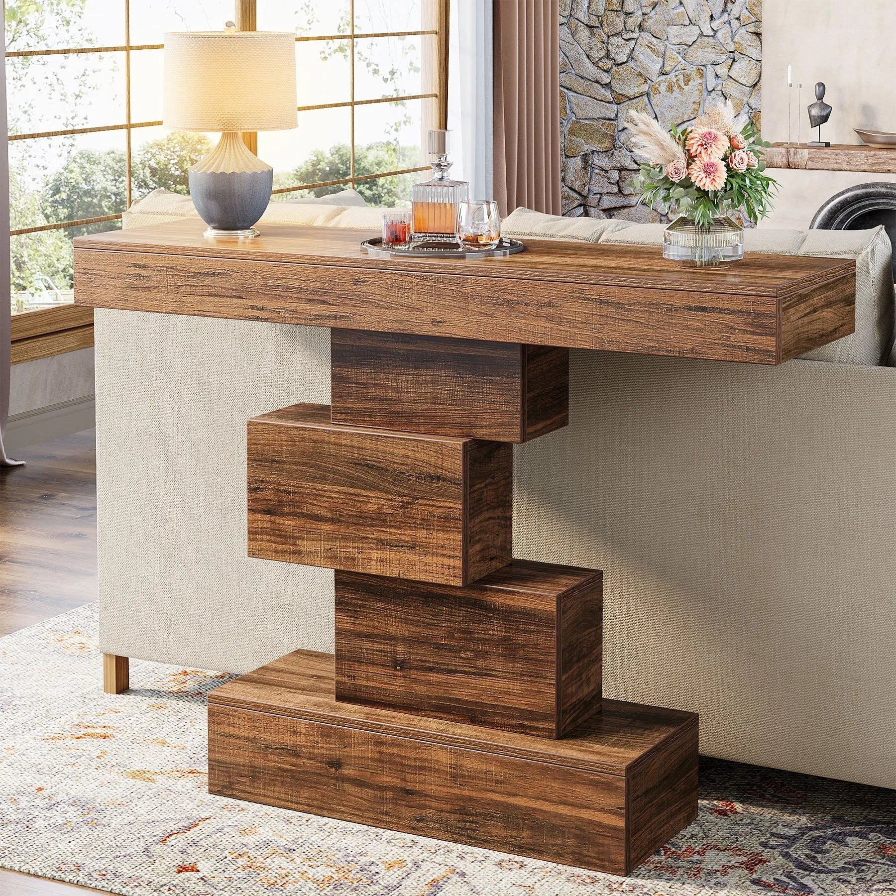Rustikaler Konsolentisch im geometrischen Design – Dunkelbraun - 108 cm