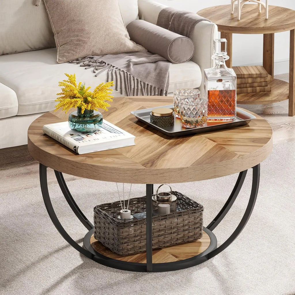 Eleganter Runder Couchtisch mit Ablageboden – Bogenförmiger Stahlrahmen – Ø80,5 cm