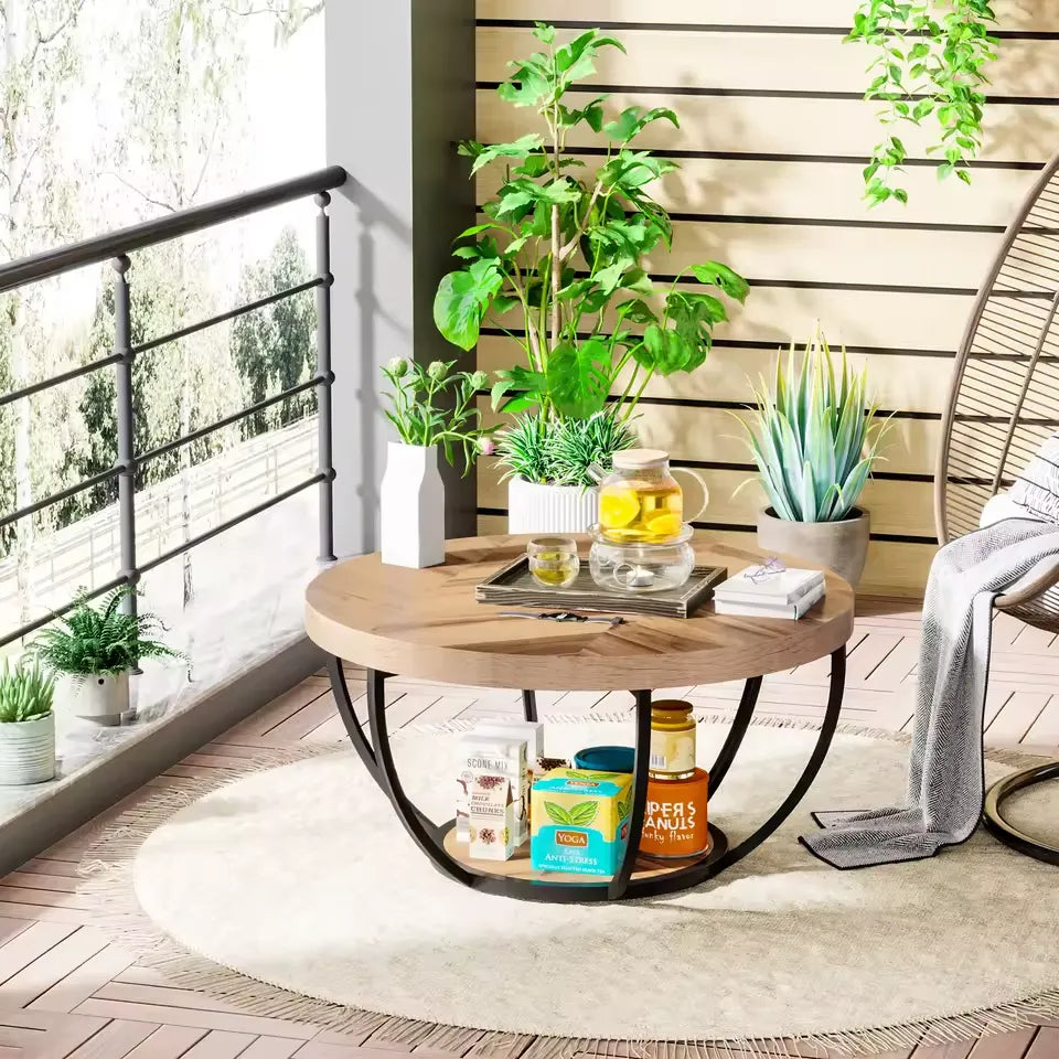 Eleganter Runder Couchtisch mit Ablageboden – Bogenförmiger Stahlrahmen – Ø80,5 cm