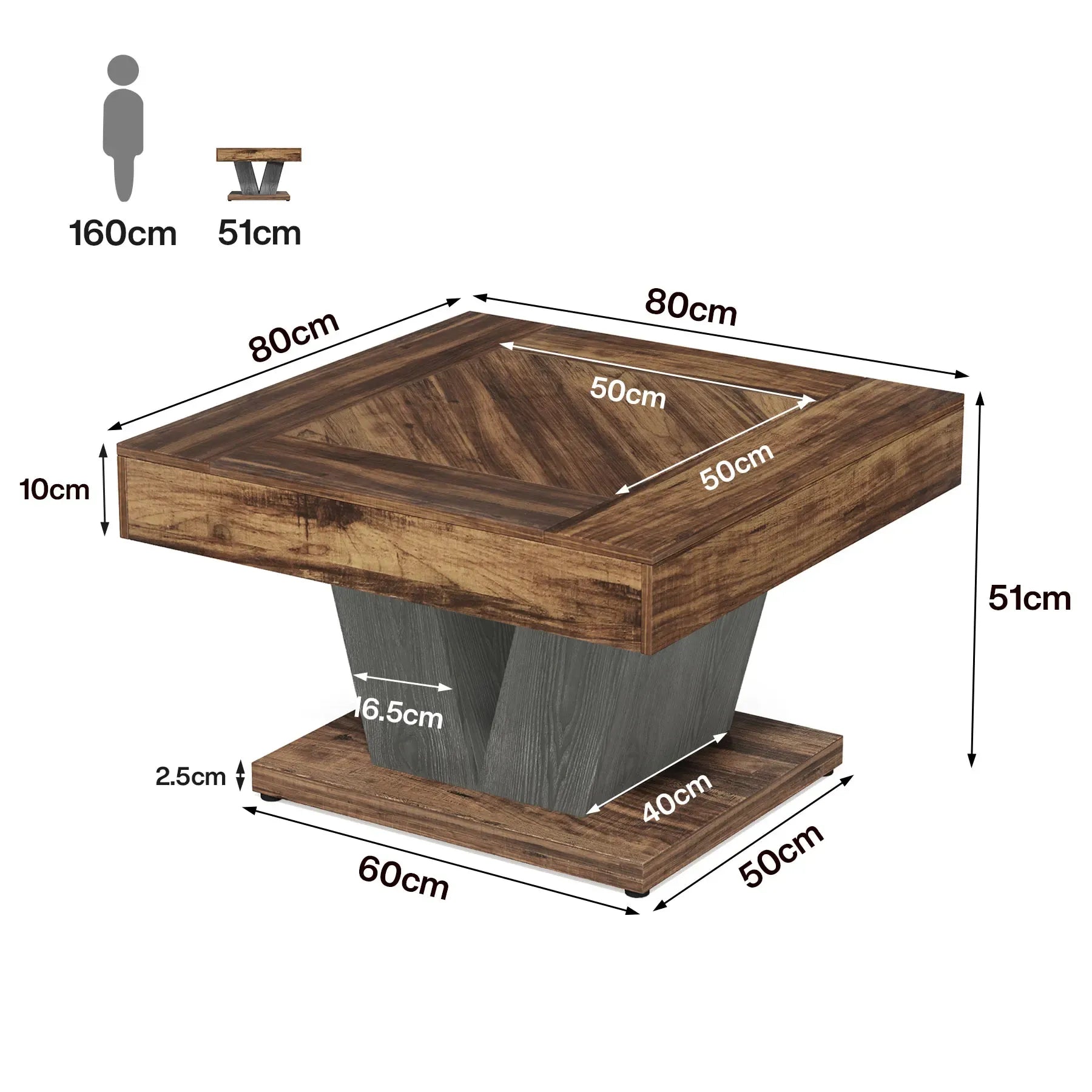 Rustikaler Quadratischer Couchtisch aus Holz – Einzigartiges Design – 80 × 80 cm