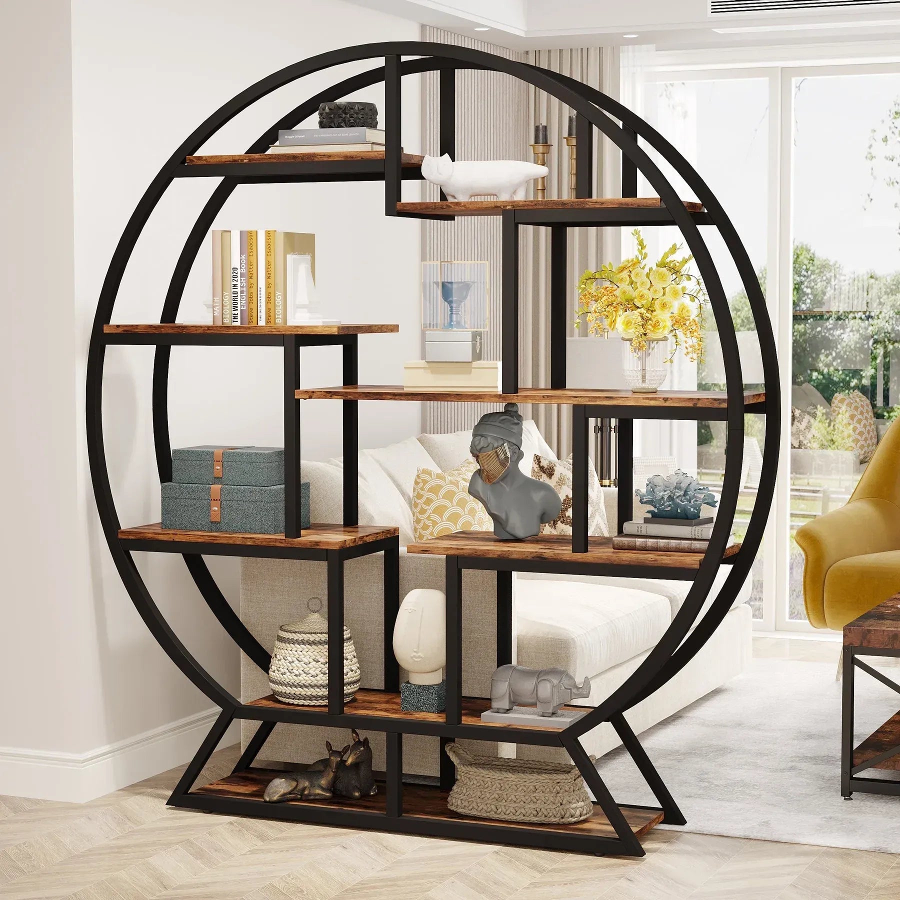 Einzigartiges rundes Regal aus Holz und Metall – 158 cm hoch – Industriestil