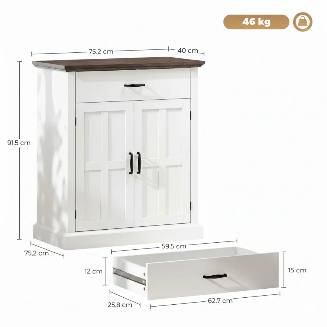 Rustik Kommode mit 2 Türen und 1 Schublade – Weiß & Dunkelbraun – 75,2 × 91,5 cm