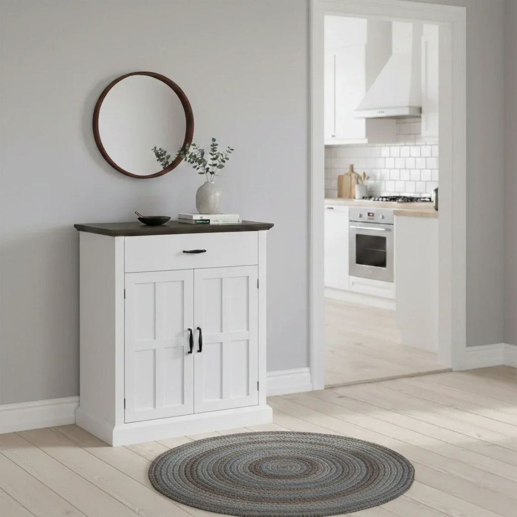 Rustik Kommode mit 2 Türen und 1 Schublade – Weiß & Dunkelbraun – 75,2 × 91,5 cm