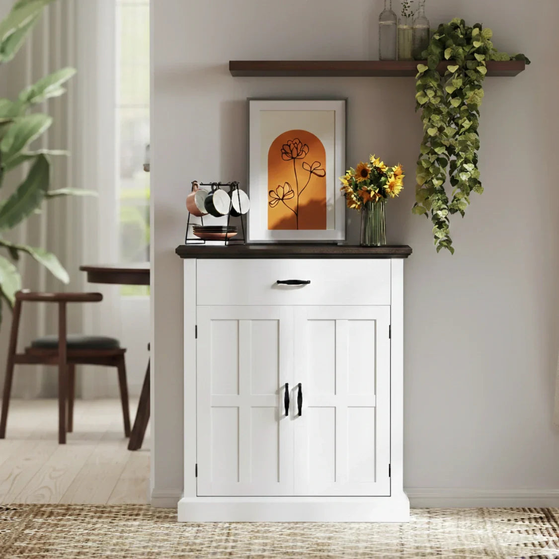 Rustik Kommode mit 2 Türen und 1 Schublade – Weiß & Dunkelbraun – 75,2 × 91,5 cm
