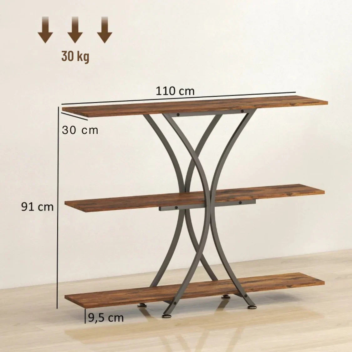 Industrieller Konsolentisch in Rustikaler Holzoptik mit X-Metallrahmen – 110 × 91 cm
