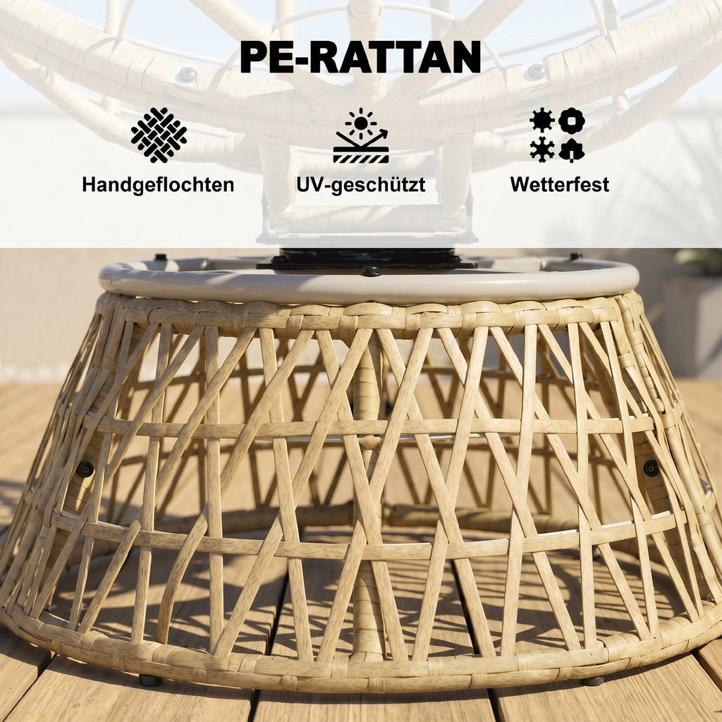Rattan-Loungeset mit 2 drehbaren Sesseln, Tisch und dicken Polstern – 360°-Funktion