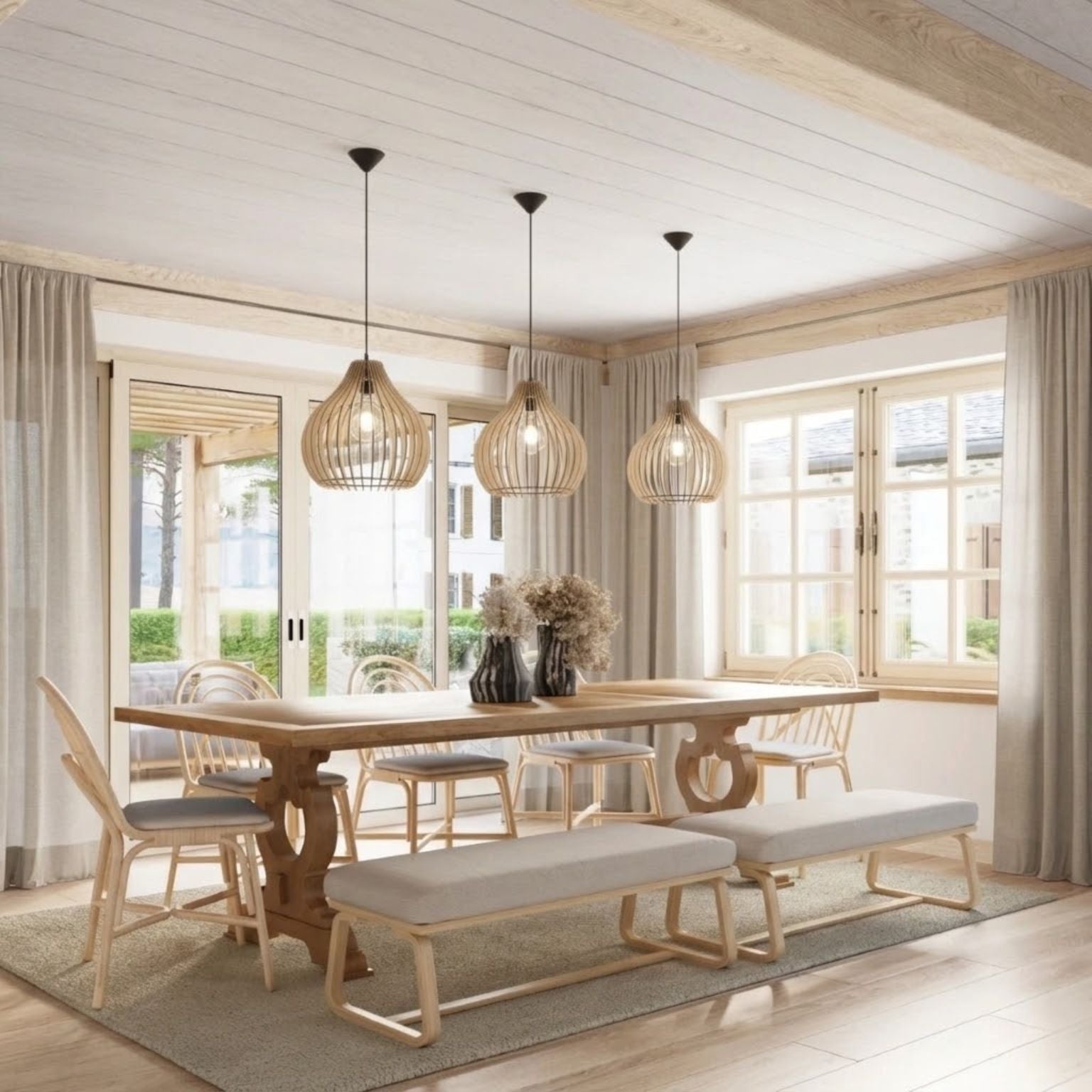 Elegante Deckenlampe aus Naturholz – Skulpturales Tropfenförmiges Design