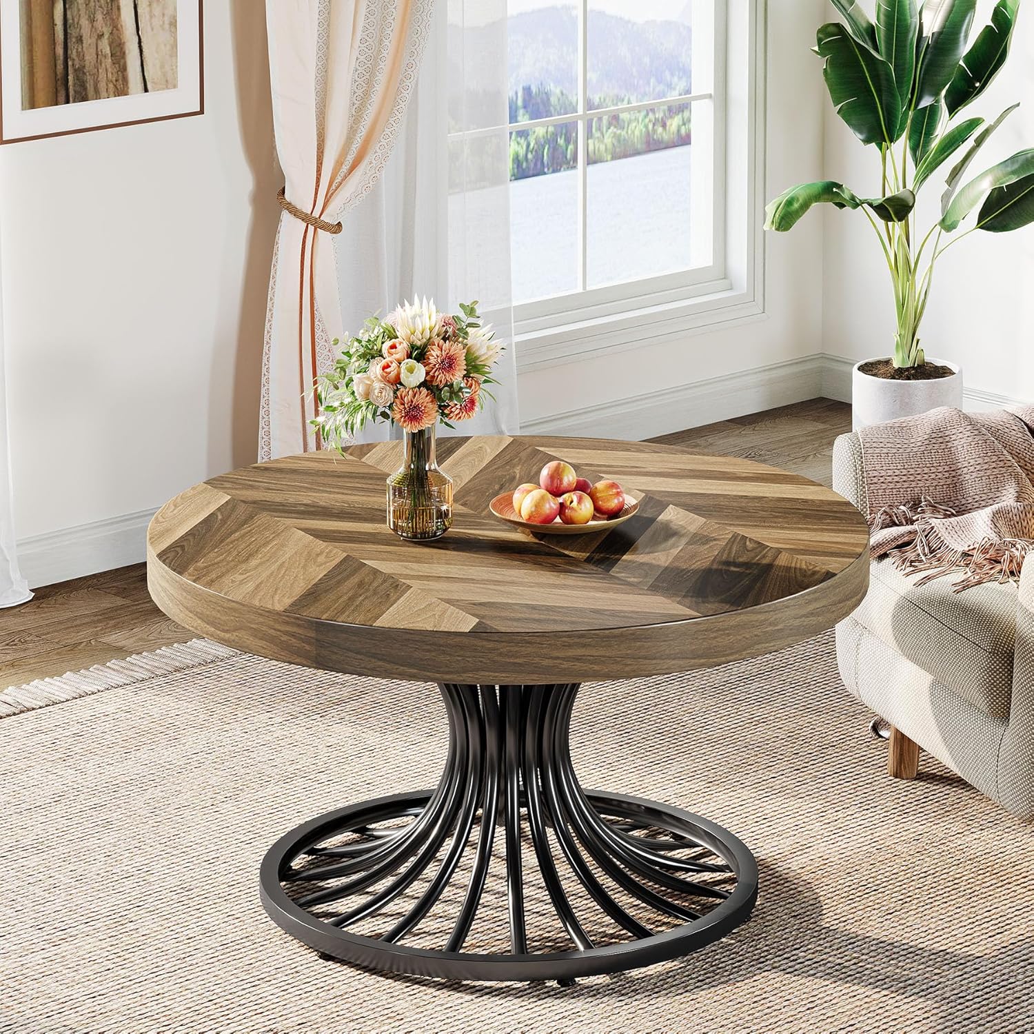 Stilvoller Runder Couchtisch – Spiralformiges Stahlgestell – Ø80 cm